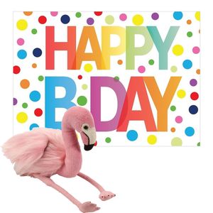 Pluche dieren knuffel flamingo 20 cm met Happy Birthday wenskaart