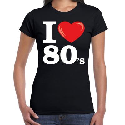 Disco T-shirt dames - I love 80s - zwart - eighties thema party - verkleedkleding - themafeest