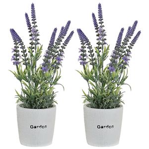 Lavendel bloemen kunstplant in bloempot - 2x - paarse bloemen - 10 x 36 cm