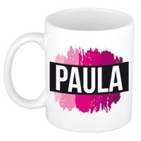 Naam cadeau mok / beker Paula met roze verfstrepen 300 ml