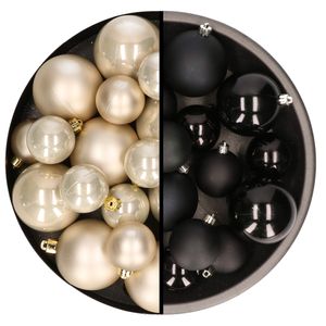 Kerstversiering kunststof kerstballen mix zwart/champagne 4-6-8 cm pakket van 68x stuks