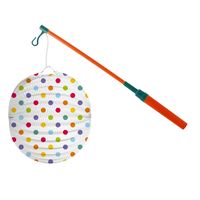 Bol lampion stippen - wit/regenboog - H22 cm - papier - met lampionstokje - 40 cm