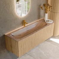 Badmeubel Mondiaz Kurve-Dlux | 145 cm | Meubelkleur Oak | Wastafelkleur Arena | Solid surface | Wasbak linker zijde spoelbak | 1 kraangat