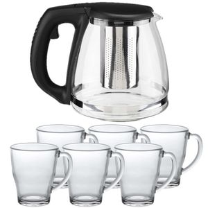 Glazen theepot met filter/infuser van 1,2 liter met 6x stuks theeglazen van 350 ml