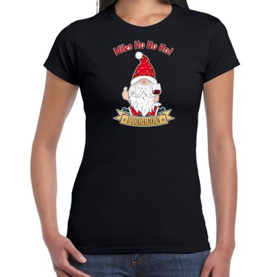 Fout kersttrui t-shirt voor dames - Wijn kabouter/gnoom - zwart - Doordrinken Fout kersttrui t-shirt voor dames - Wijn kabouter/gnoom - zwart - Doordrinken