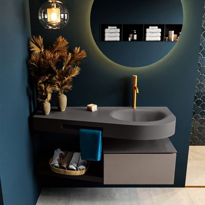 MONDIAZ RIVA 120cm badmeubel onderkast / planchet kleur Smoke met 1 lade. Wastafel DULCET rechts 1 kraangat kleur Dark_Grey.