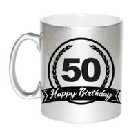 Happy Birthday 50 years met wimpel cadeau koffiemok / theebeker zilver 330 ml - Abraham / Sarah   -