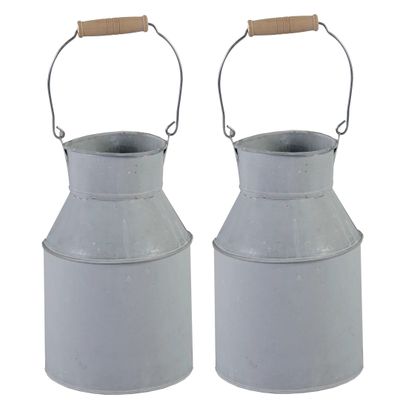 Melkbus plantenpot/bloempot - 2x - zink - lichtgrijs - binnen/buiten - D13 x H20 cm