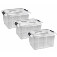 Opbergbox - 3x - transparant/zilvergrijs - 30 liter - 49 x 39 x 26 cm - kunststof - opbergdoos