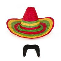 Carnaval verkleed set - Mexicaanse sombrero hoed met plaksnor - gekleurd - heren