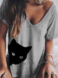 Cat Print V Neck Short Sleeve T-shirt