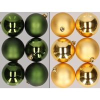 12x stuks kunststof kerstballen mix van donkergroen en goud 8 cm   -