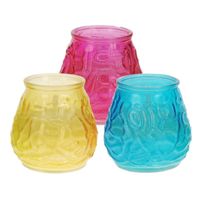 Windlicht geurkaars - 3x - geel/blauw/roze glas - 48 branduren - citrusgeur