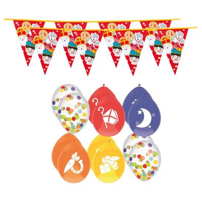 Sinterklaas versiering - 3x stuks plastic Sint/Piet vlaggenlijnen 6 meter en 24x ballonnen