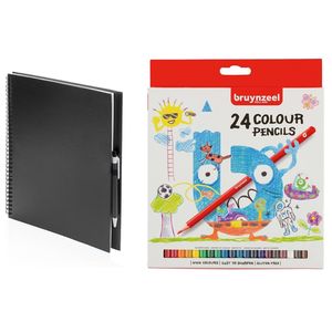 Zwart schetsboek/tekenboek met 24 kleurpotloden   -