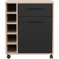 STUDIO - Serveerwagen - 1 deur 1 lade - 5 flessenvakken - 60 x 40,3 x 71 cm - Eiken / Matzwart - PARISOT