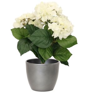 Hortensia kunstplant met bloemen wit - in pot zilver metallic - 40 cm hoog