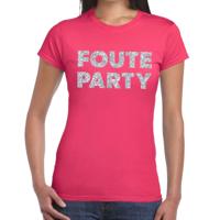 Foute Party verkleed t-shirt - zilveren glitter tekst - roze - voor dames - Party kleding