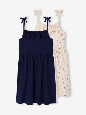 Set van 2 meisjesjurken met schouderbandjes, 1 bedrukt + 1 effen marineblauw