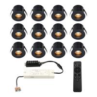 Set van 12 Olivia LED Mini Inbouwspots met Trafo - 12 Volt 3 Watt 150 lumen - Dimbaar - Verzonken - Plat 36mm - 2700K - IP44 waterdicht - Zwart - Veranda Spotjes - Overkapping Spotjes