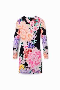 Korte slim fit jurk met bloemen - BLACK - S