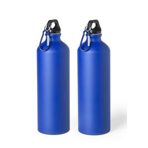 Aluminium waterfles/drinkfles - 2x - blauw - met schroefdop en karabijnhaak - 800 ml