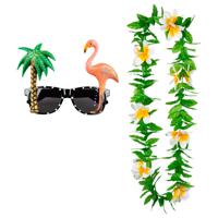 Tropische Hawaii party verkleed accessoires set - Funny zonnebril - en bloemenkrans groen/wit - thumbnail