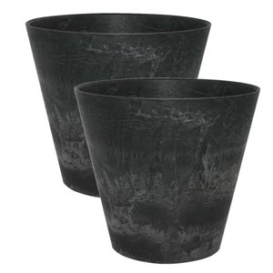 2x stuks plantenpot/bloempot in een natuursteen look Dia 32 cm en Hoogte 29 cm zwart