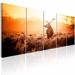 Schilderij - Hert voor Zonsondergang , oranje ,  5 luik