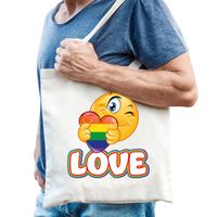 Gay Pride tas - katoen - 42 x 38 cm - naturel - LHBTI - love emoji - thumbnail