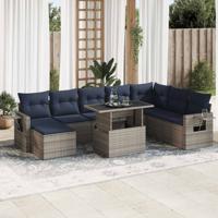 9-delige Loungeset met kussens poly rattan acacia grijs
