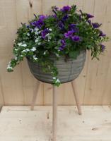 Rieten plantenbak grijs op poten met zomerbloeiers paars/blauw h55 cm Warentuin Natuurlijk - Warentuin natuurlijk