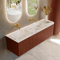 Badmeubel Mondiaz Kurve-Dlux | 155 cm cm | Meubelkleur Ruby | Wastafelkleur Glace | Solid surface | Dubbel / Links spoelbak | Zonder kraangat(en)