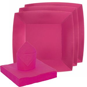 Feest/verjaardag servies set 20x bordjes/25x servetten - fuchsia roze - karton