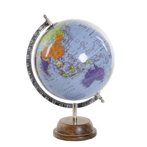 Decoratie wereldbol/globe blauw op metalen voet 20 x 32 cm