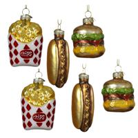 Kersthangers snacks - 6x stuks - goud - glas - patat - hotdog - hamburger kerstornamenten?