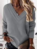 Casual Loose V Neck Plain Sweatshirt - thumbnail