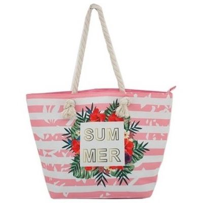 Strandtas roze/wit gestreept Summer 54 cm - Strandtassen Strandtas roze/wit gestreept Summer 54 cm - Strandtassen