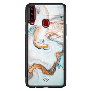 Samsung Galaxy A20s glazen hardcase - Goud blauw marmer