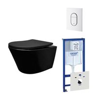 Wiesbaden Vesta toiletset spoelrandloos 52cm mat zwart Grohe inbouwreservoir softclose en quickrelease toiletzitting met bedieningsplaat wit 0729205/0729242/sw228315/ - thumbnail