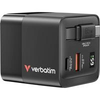 Verbatim GaN Charger 65 W Reislader 65 W 1x USB-A, 1x USB-C USB PD, USB PD 3.0, QC 3.0 Zwart Snellader, GaN, Met adapter voor Europa, Met adapter voor Verenigd