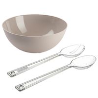 Salade serveer schaal - beige - kunststof - Dia 25 cm - met sla couvert/bestek