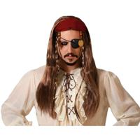 Atosa Verkleedpruik voor heren met lang stijl haar - Bruin - Piraat - Carnaval - met haarband   - - thumbnail