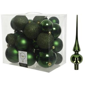 Kerstversiering kunststof kerstballen met piek donkergroen 6-8-10 cm pakket van 27x stuks - Kerstbal