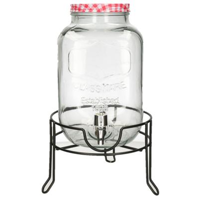 Limonade/drankdispenser op verhoger - rood/wit geblokte dop - 4 liter - glas - H37 x B19 cm
