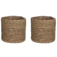 Mica Decorations Plantenmand - 2x stuks - naturel bruin - rotan - 16 cm