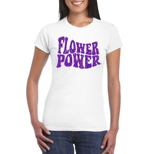 Wit Flower Power t-shirt met paarse letters dames