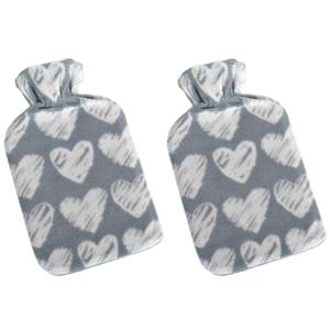 Set van 2x stuks water kruik met fleece hoes grijze/witte hartjes print 1,7 liter