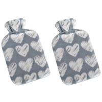 Set van 2x stuks water kruik met fleece hoes grijze/witte hartjes print 1,7 liter - thumbnail