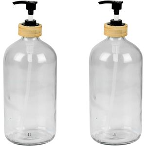 Urban Living Zeeppompje/zeepdispenser - 2x - glas/bamboe - transparant - 1 liter - 24 cm - Zeeppompjes